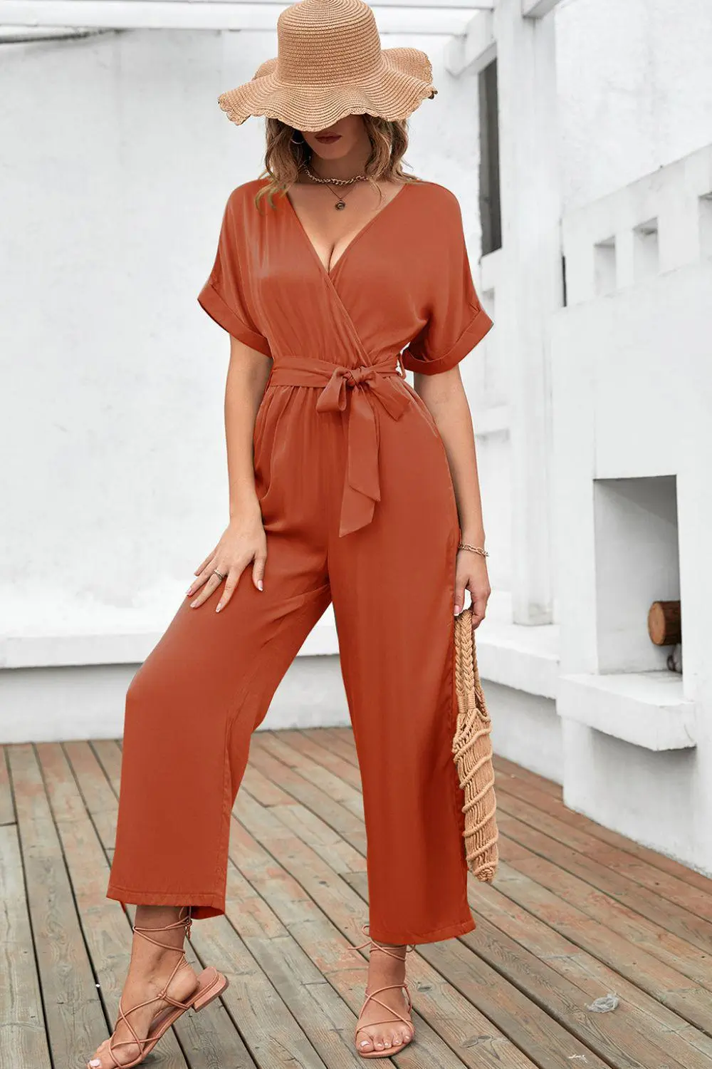 Tie Waist Surplice Wide Leg Jumpsuit