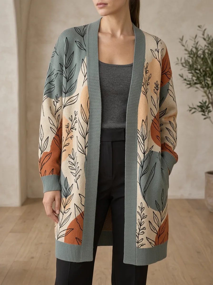Women's Boho Botanical Abstract Printed Cardigan