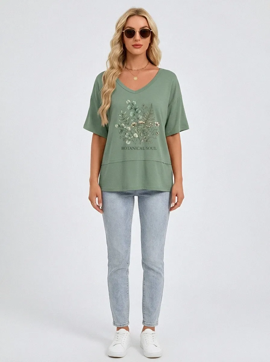 Women's Botanical Soul Nature Plant Printed V-neck T-shirt