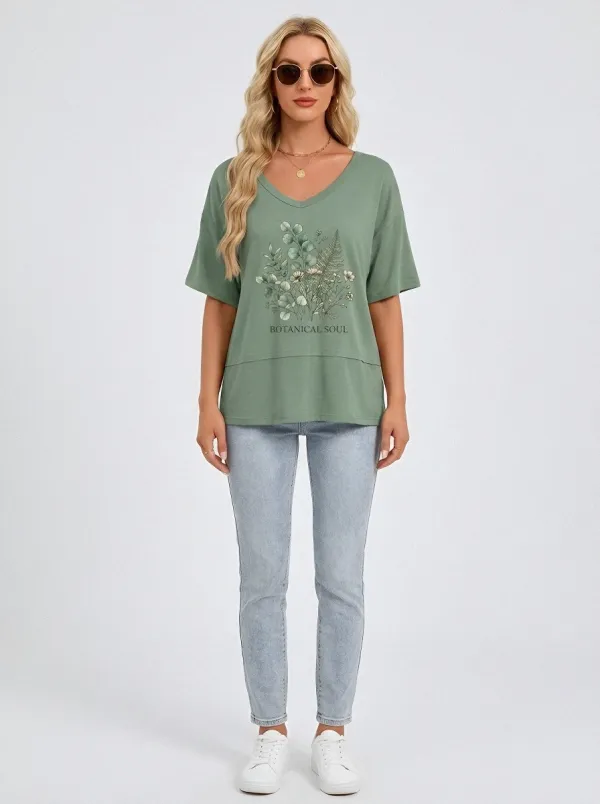 Women's Botanical Soul Nature Plant Printed V-neck T-shirt