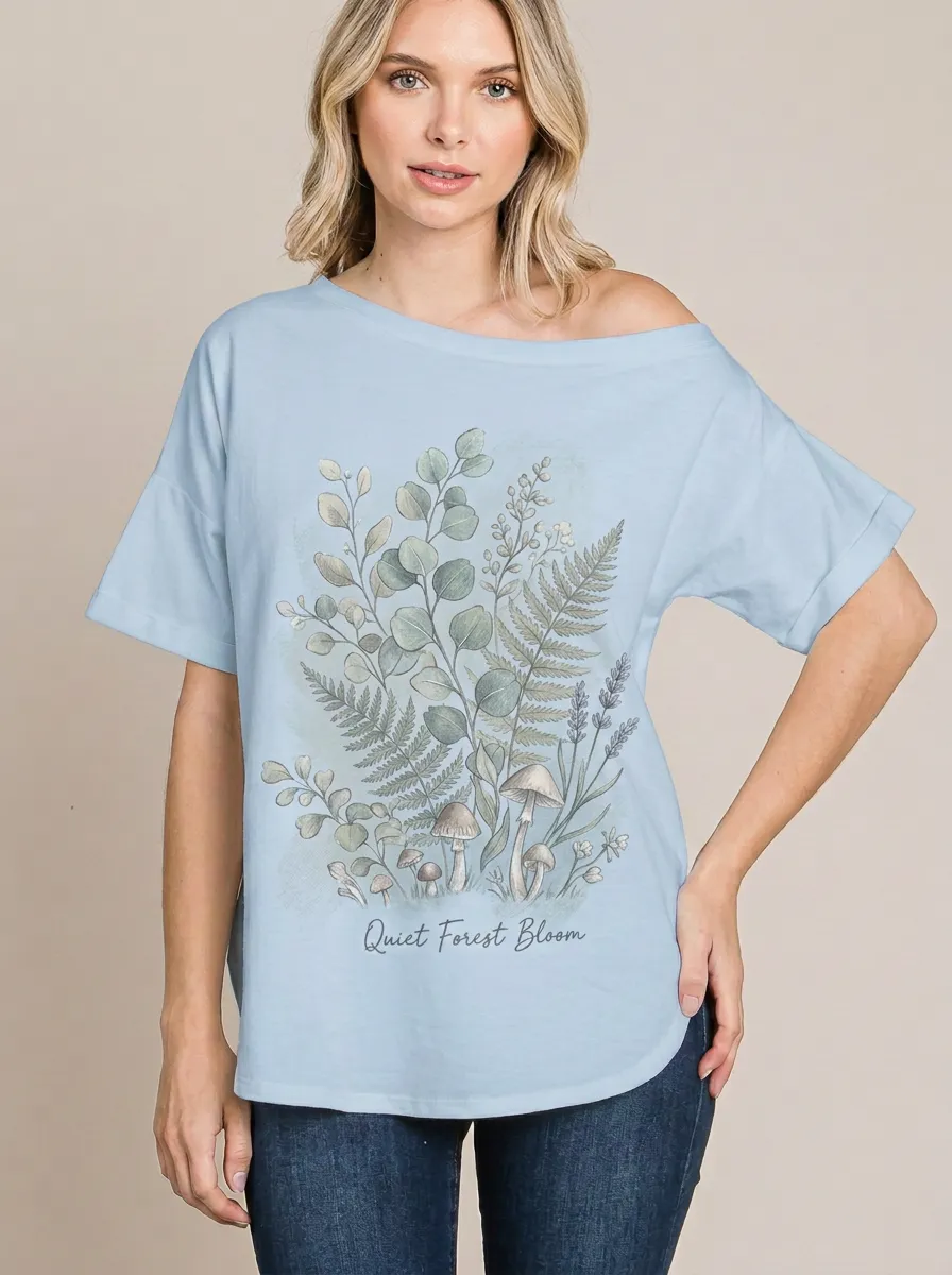 Women's Nature Lover Quiet Forest Mushroom Fern Printed T-shirt