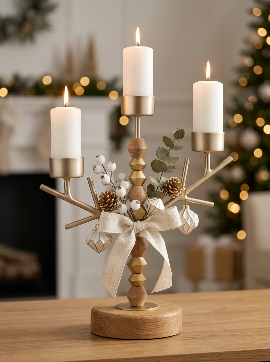 Pinecone Berry Bow Printed Table Candelabra