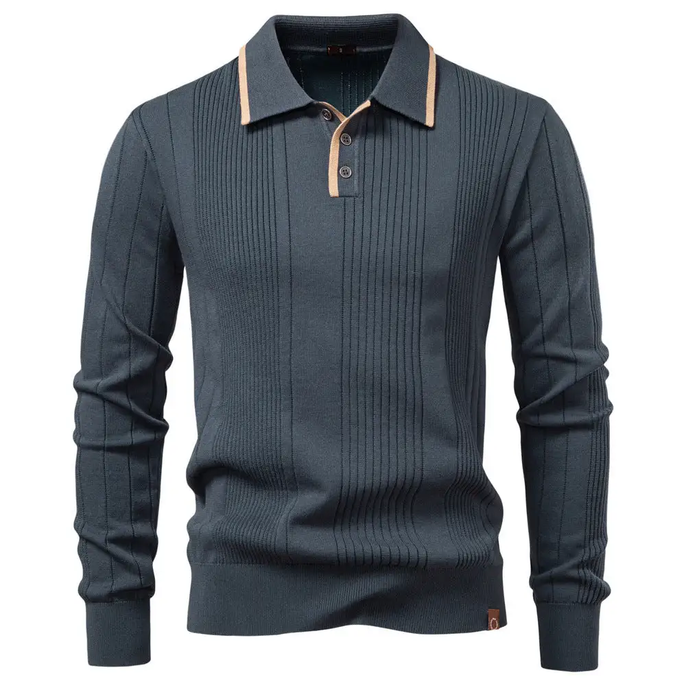 Men's Long-sleeved Polo Sweater Fine Knit With Vertical Ribbed Intarsias And Contrast Edges
