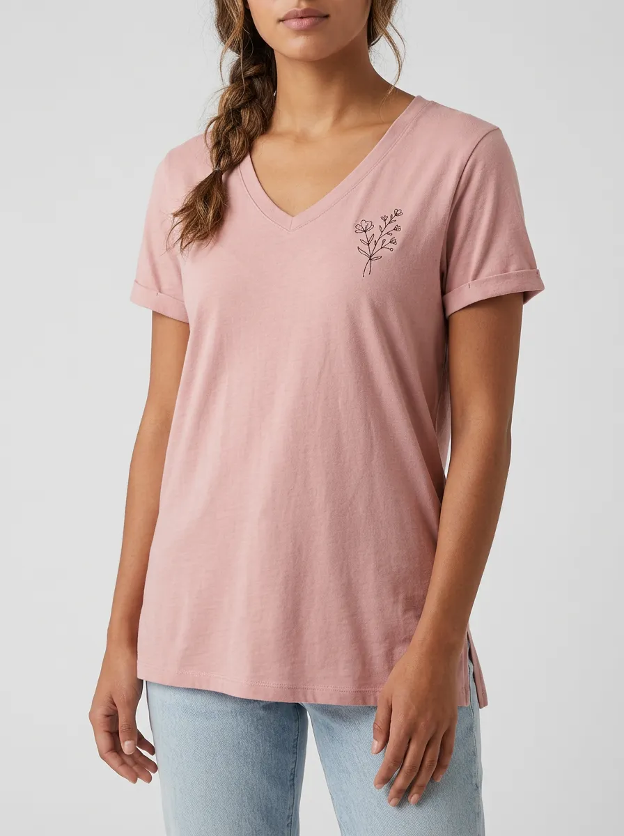 Women's Minimalist Floral Line Art Printed V-Neck T-Shirt