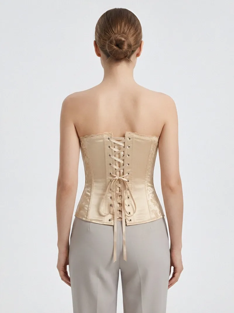 Jacquard Lace-Up Lace-Trim Vintage-Inspired Women's Corset Top