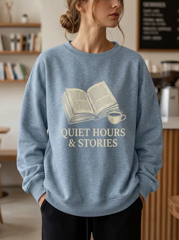 Women's Book Lover Quiet Hours & Stories Printed Sweatshirt