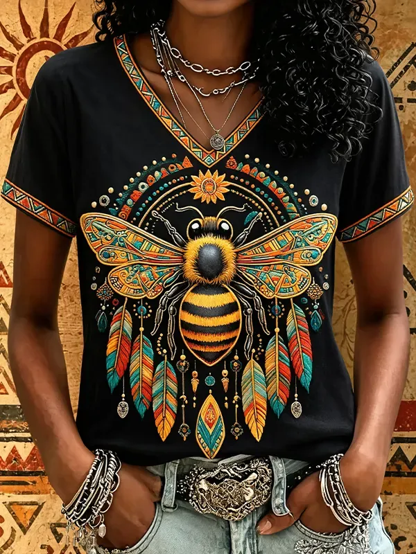 Women's Tribal Style Bee Boho Feather Art Print V Neck Short Sleeve T-Shirt