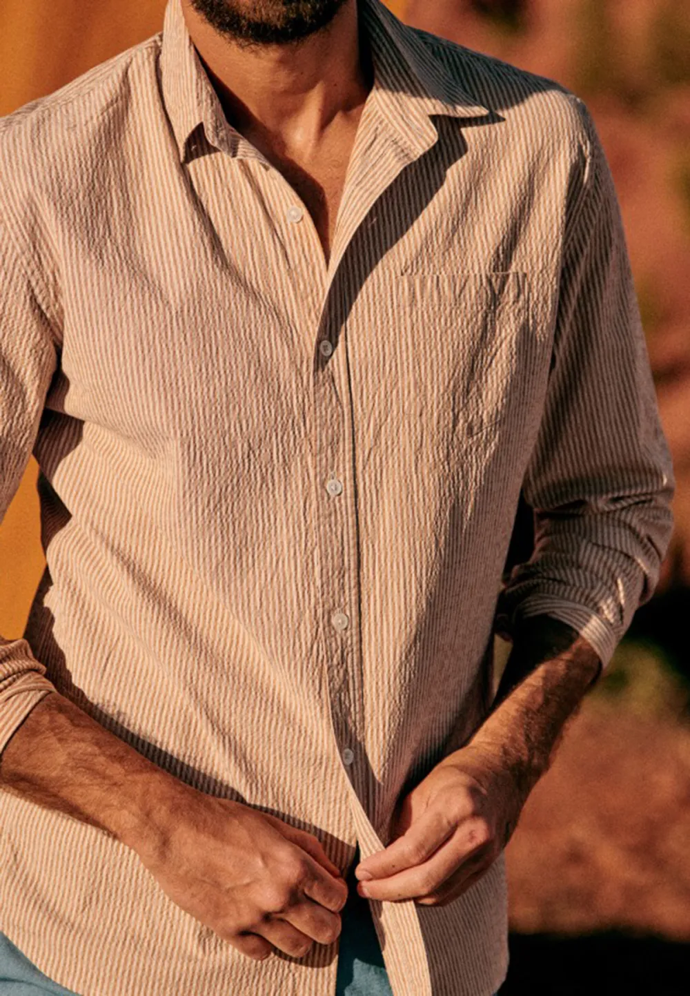 Ecru Ochre Seersucker Stripe Long Sleeve Shirt
