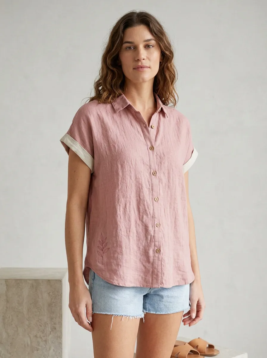 Women's Casual Botanical Leaf Printed Linen Blend Button-Up Shirt