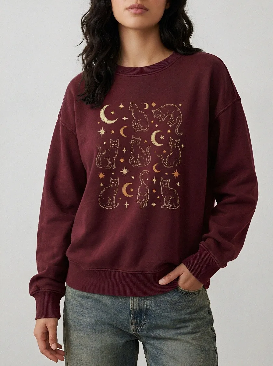Women's Halloween Celestial Cat Moon Stars Printed Sweatshirt