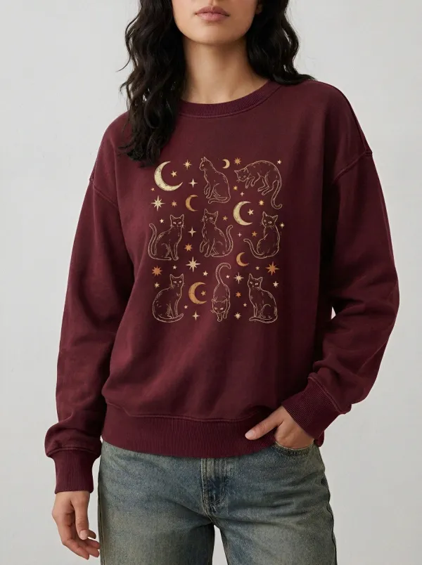 Women's Halloween Celestial Cat Moon Stars Printed Sweatshirt