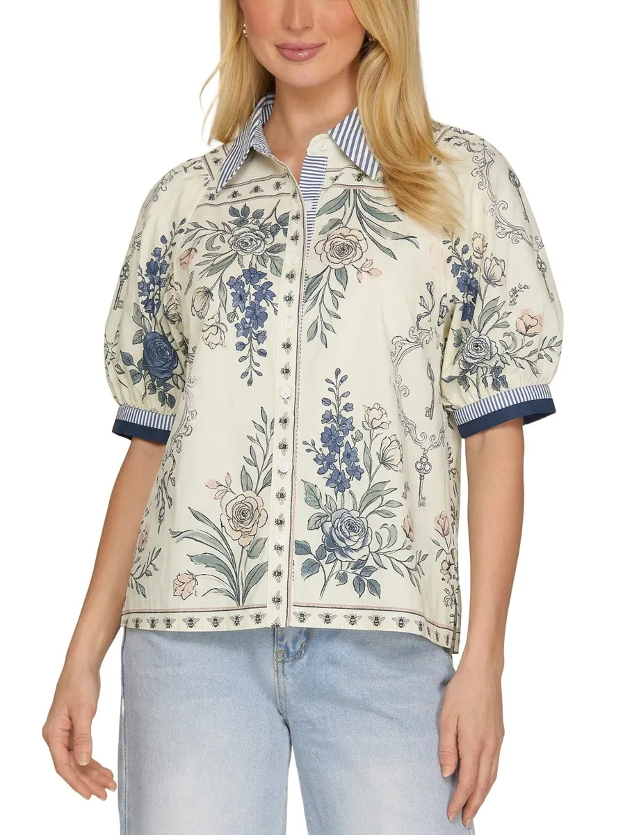 Women's Vintage Floral Botanical Printed Puff Sleeve Shirt
