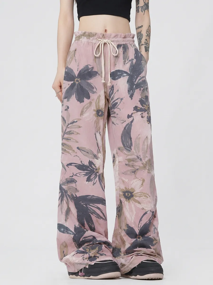 Women's Boho Floral Art Pink Watercolor Printed Wide Leg Pants