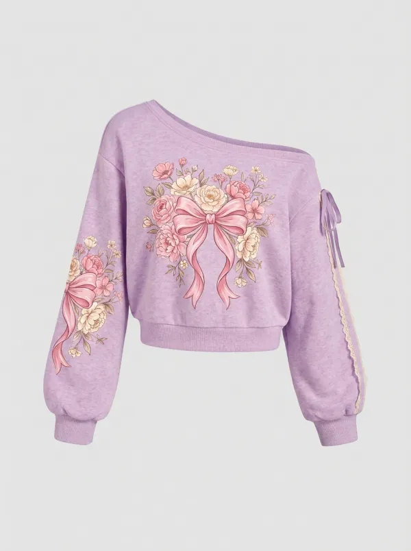 Women's Breast Cancer Awareness Floral Bow Printed Off-Shoulder Sweatshirt