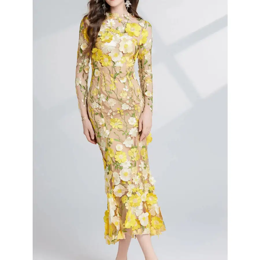 Embroidered Mesh Long Sleeve Midi Dress