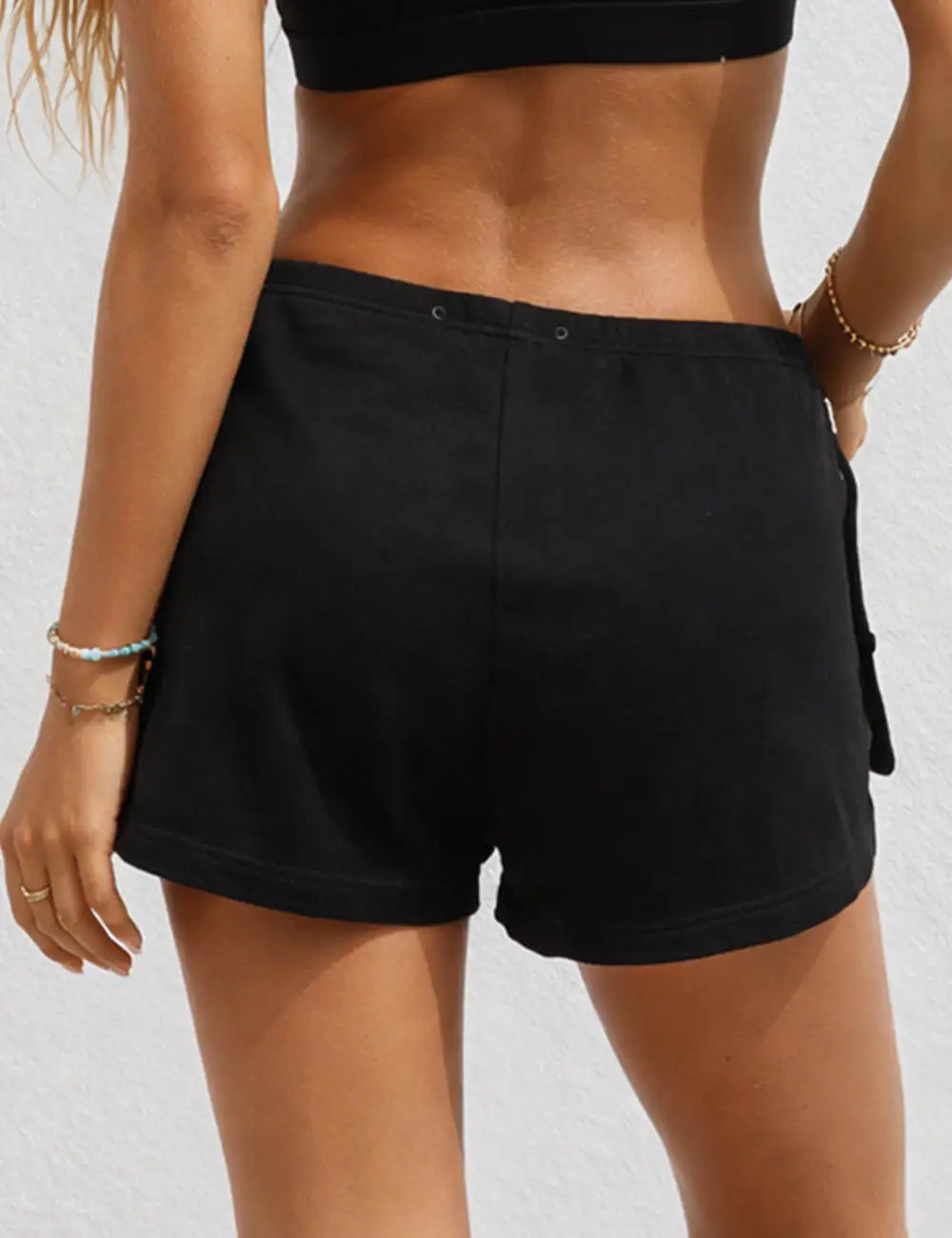 Metal Eyelet Elastic Waist Button Closure Mini Shorts