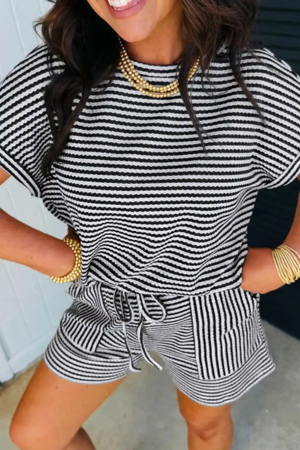 Drawstring Pocketed Knit Striped Tee and Shorts Matching Set