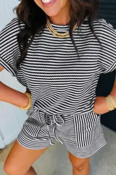 Drawstring Pocketed Knit Striped Tee and Shorts Matching Set