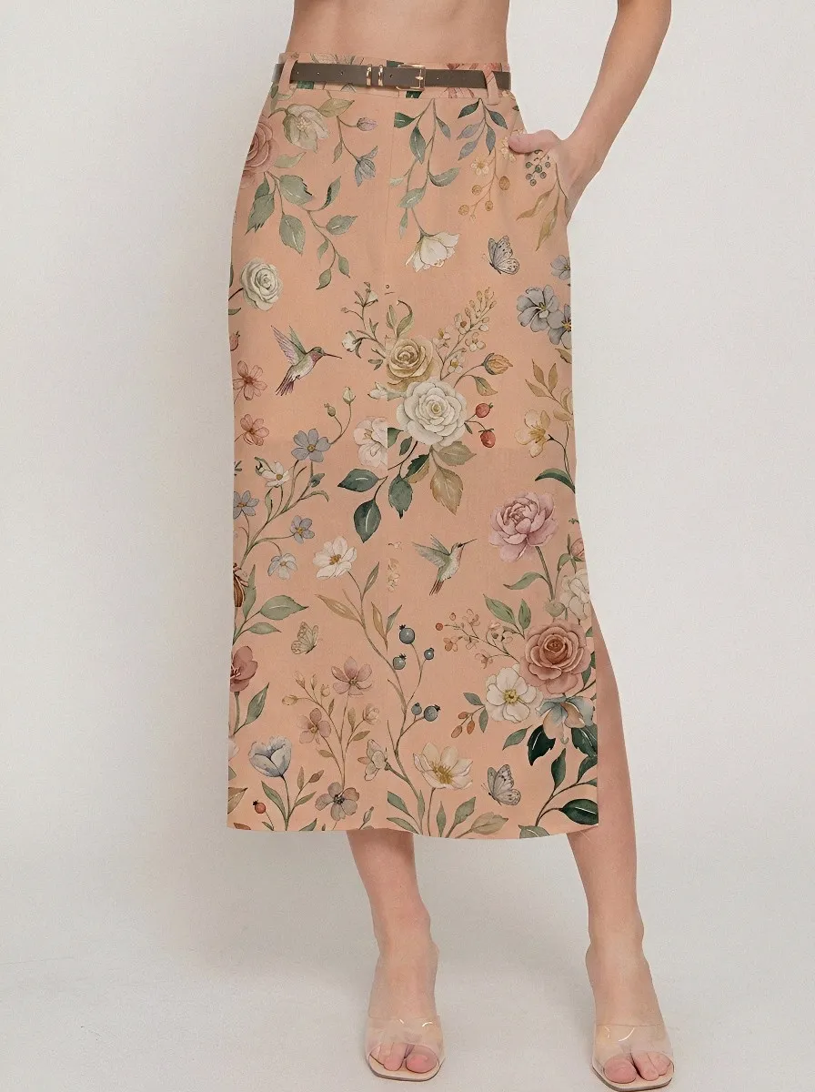 Women's Floral Hummingbird Botanical Printed Midi Skirt