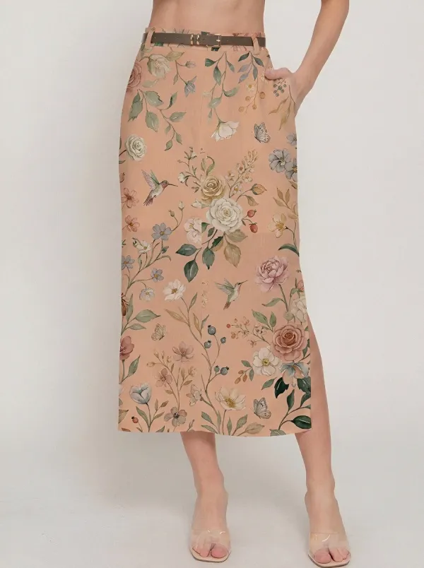 Women's Floral Hummingbird Botanical Printed Midi Skirt