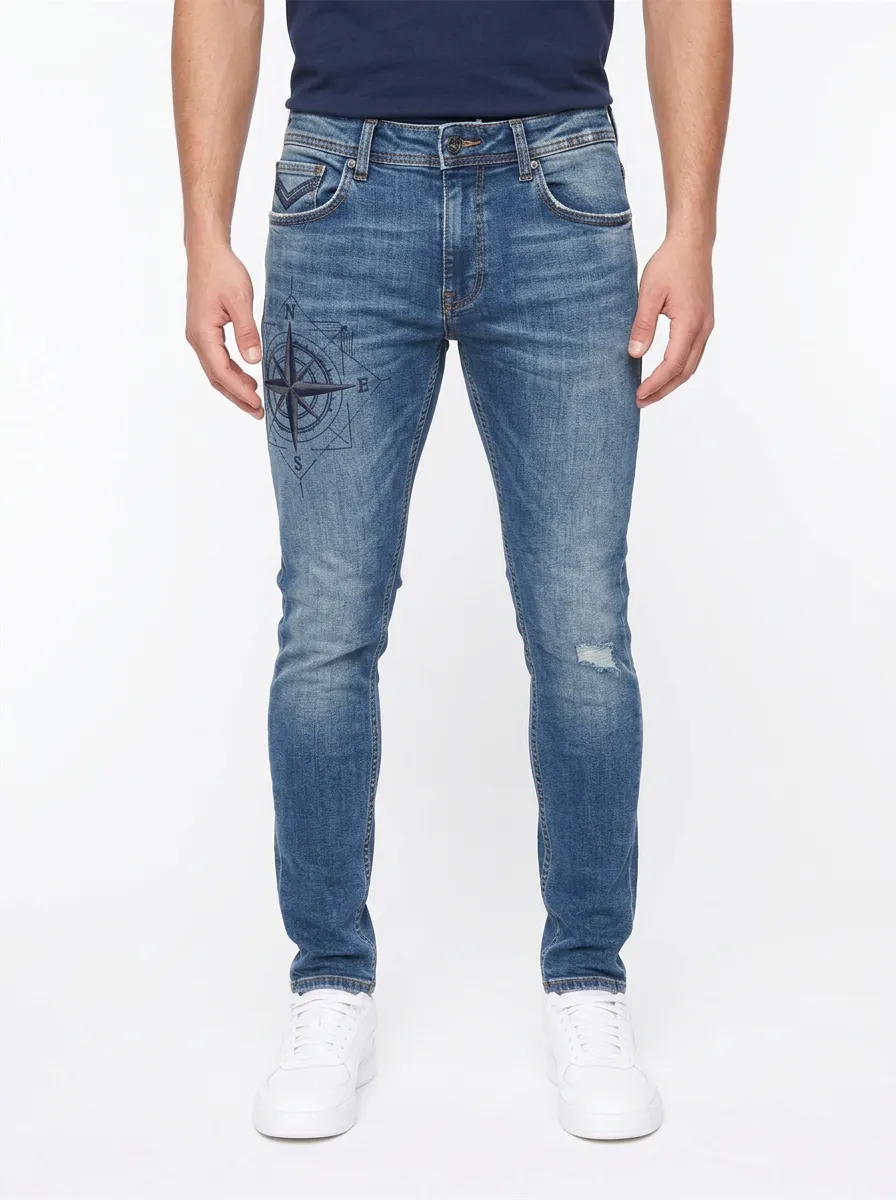 Men's Ridge Nautical Traveler Compass Graphic Slim-Fit Jeans