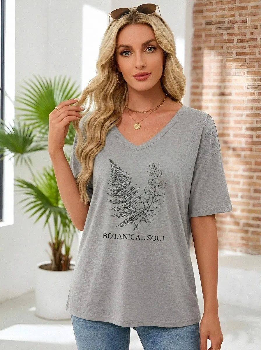Women's Nature Lover Botanical Soul Fern Printed V-neck T-shirt