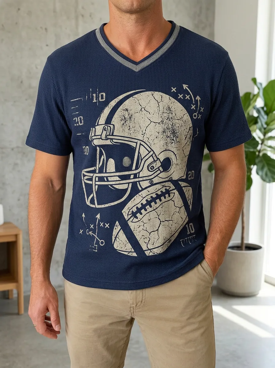 Men's Heritage American Football Lover Helmet Ball Printed Waffle Top