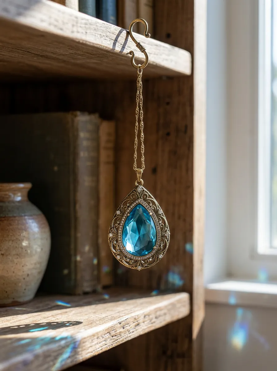 Blue Teardrop Crystal Vintage Filigree Suncatcher Pendant