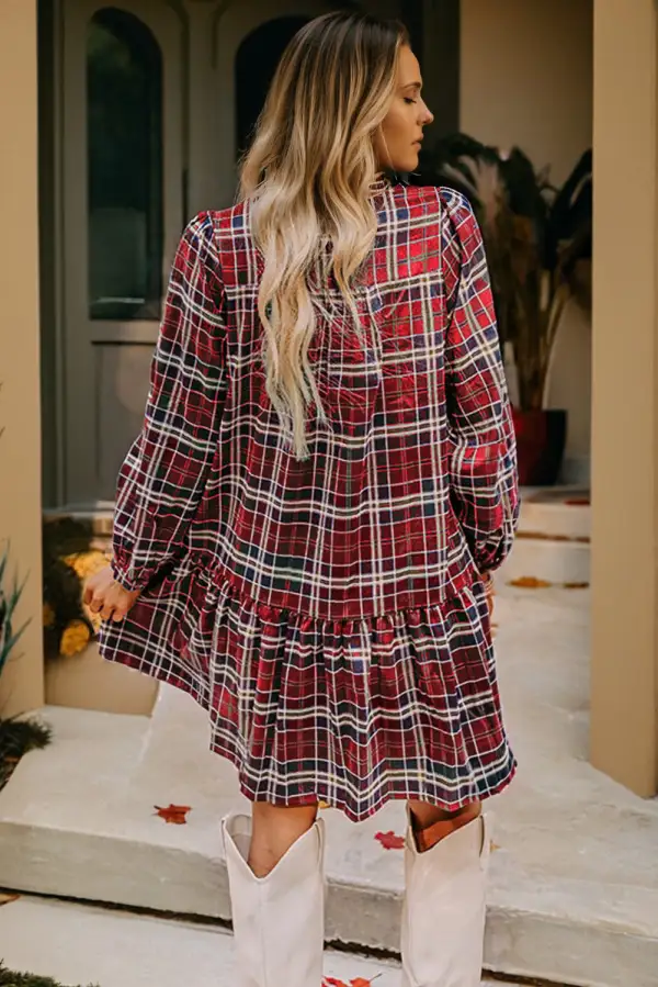 Plaid Print Frilly Collar Long Sleeve Shift Mini Dress