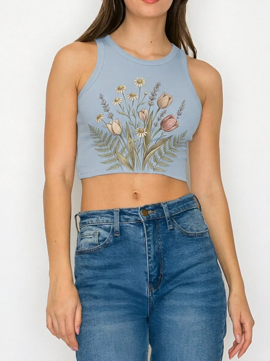 Women's Floral Nature Lover Daisy Tulip Printed Crop Top