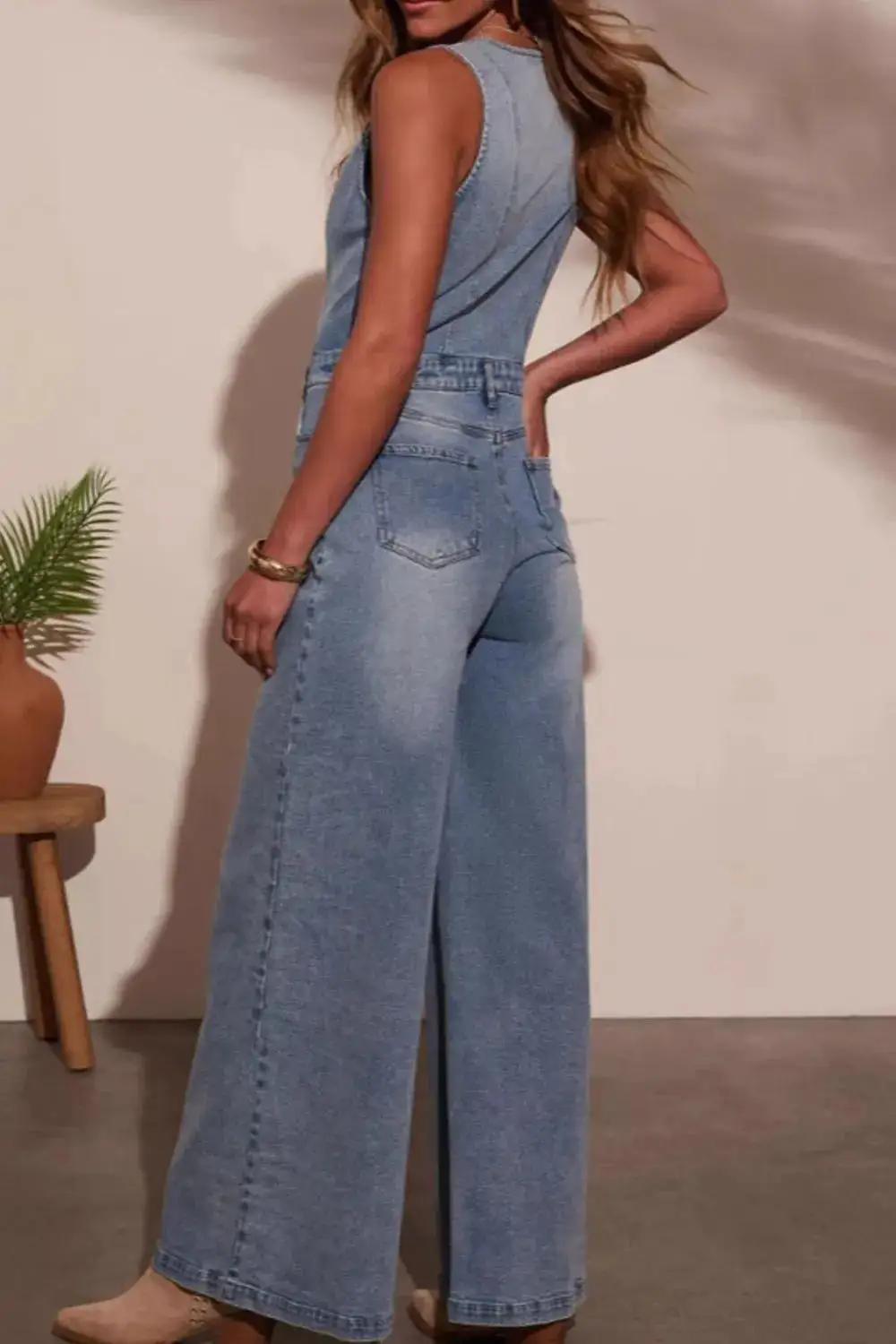 V Neck Wide Leg Jumpsuit Denim Pants