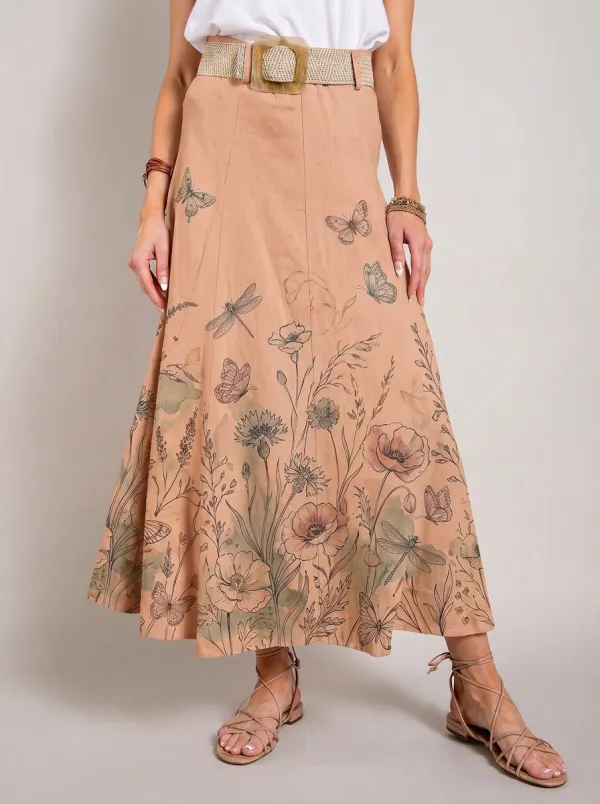 Women's Nature Lover Butterfly Dragonfly Floral Printed Midi Skirt