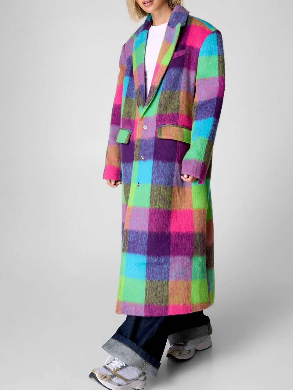 Rainbow Plaid Fuzzy Fleece Long Coat