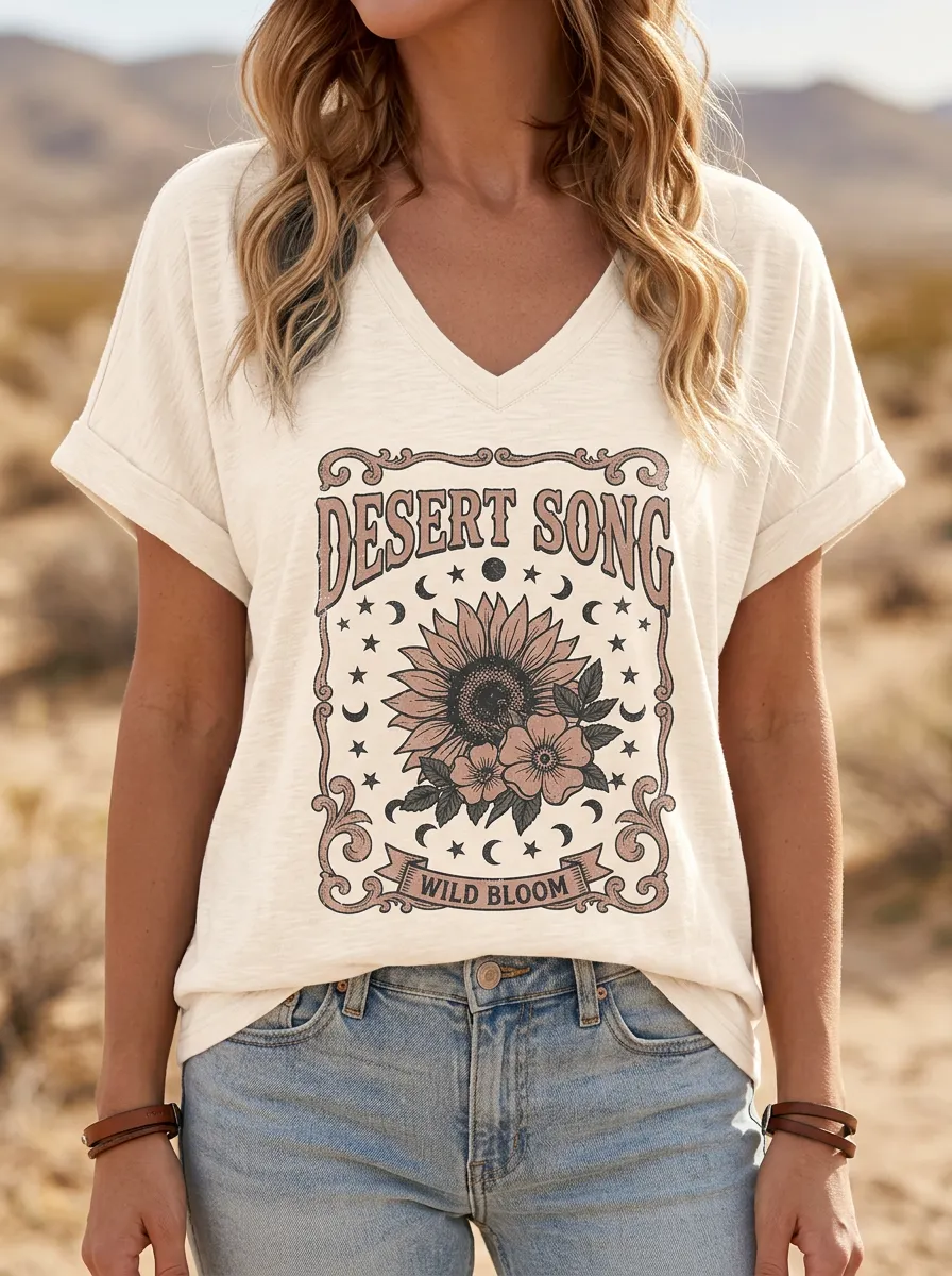 Women's Western Desert Song Sunflower Moon Printed V-Neck T-Shirt