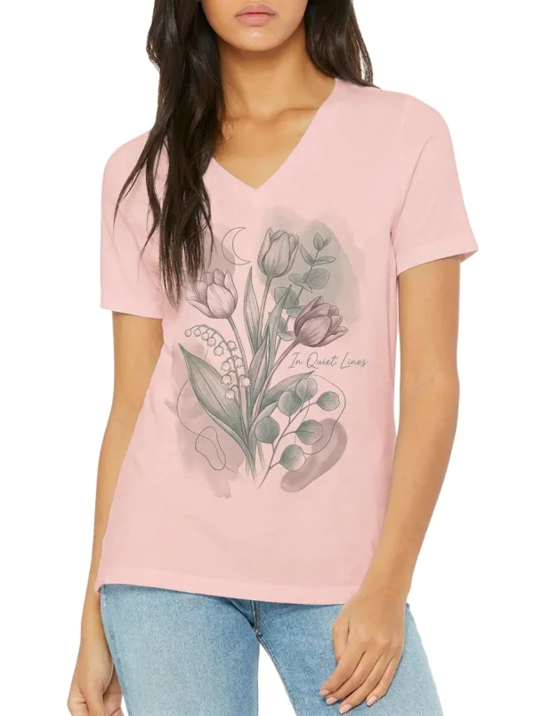 Women's Botanical Floral Moon In Quiet Lines Printed V-neck T-shirt