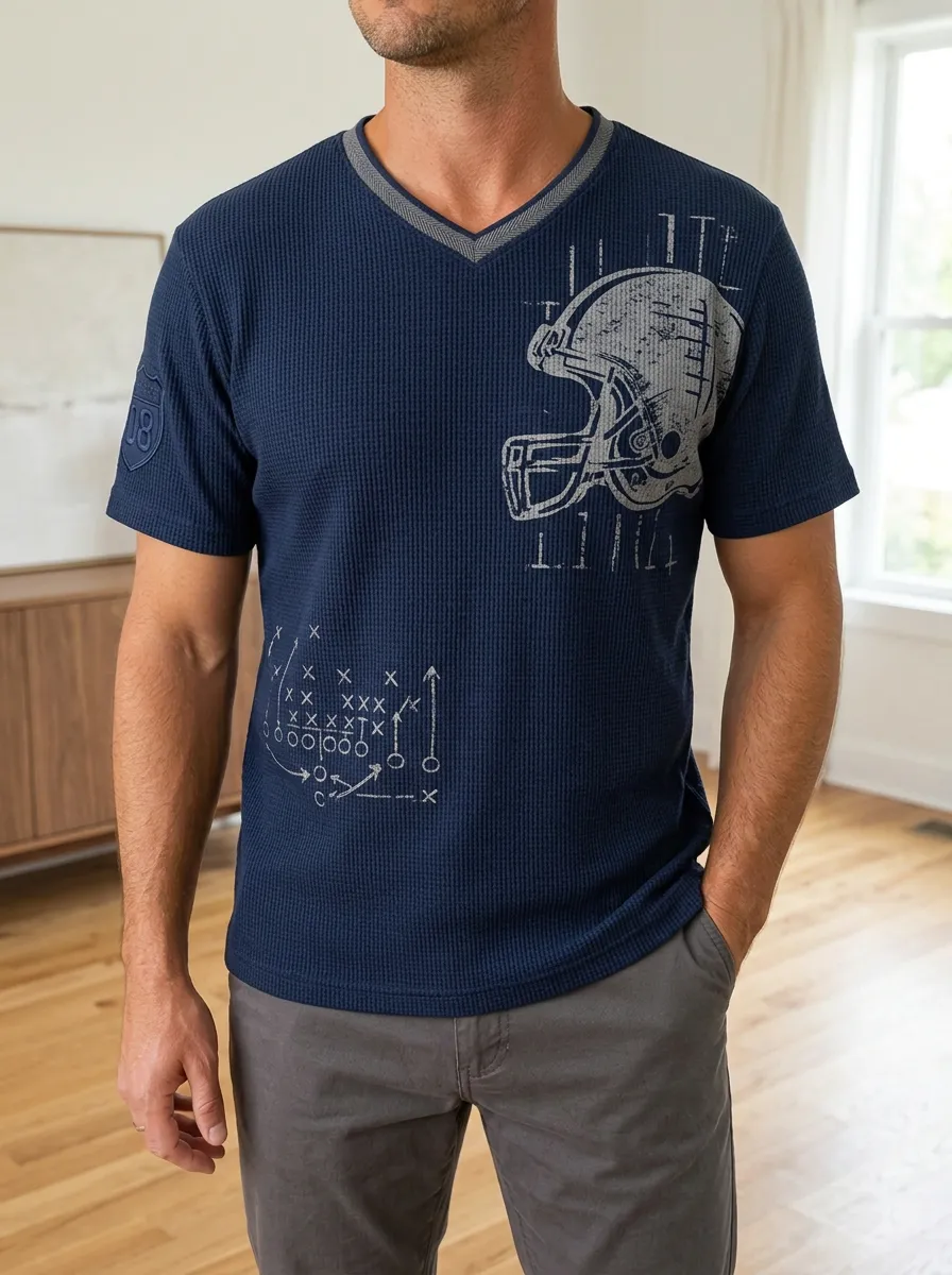 Men's Sideline Football Fan Helmet Playbook Printed Waffle V-Neck Top
