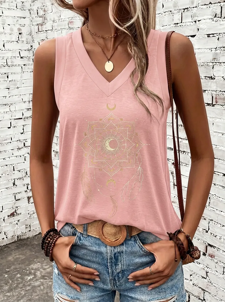 Women's Boho Celestial Mandala Feather Printed V-Neck Tank Top