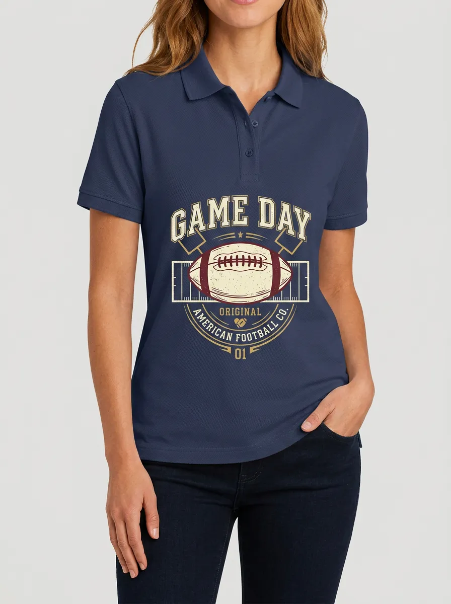 Women's American Football Game Day Vintage Graphic Printed Polo Shirt