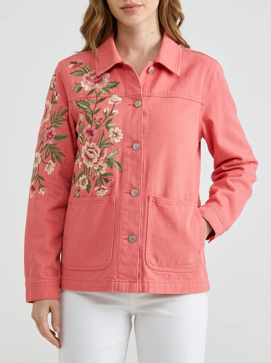 Women's Coral Floral Embroidered Denim Jacket