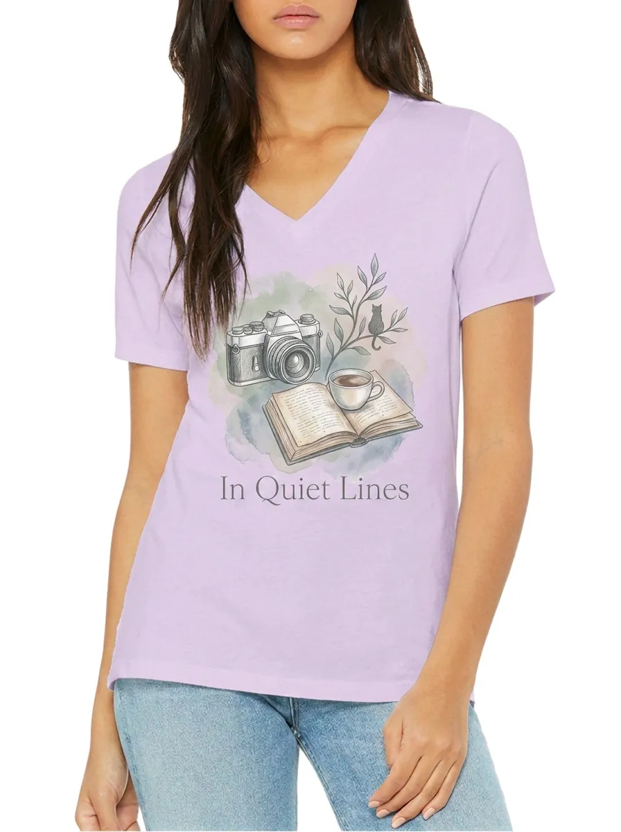 Women's Book Camera Coffee Lover Watercolor Printed V-neck T-shirt