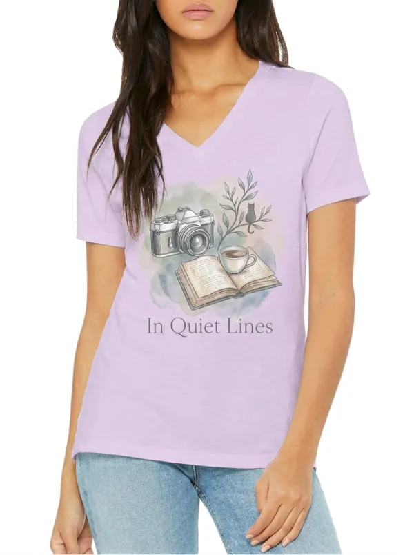 Women's Book Camera Coffee Lover Watercolor Printed V-neck T-shirt