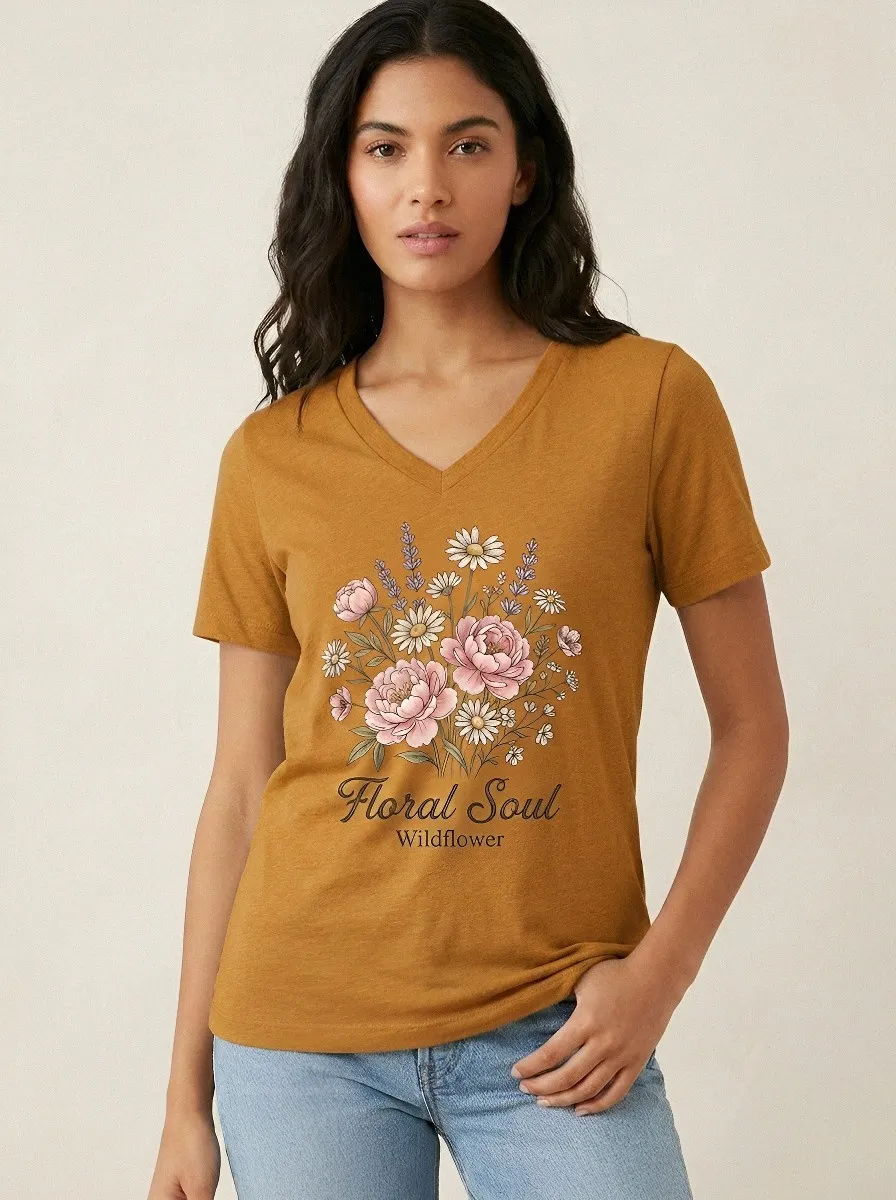 Women's Floral Soul Wildflower Bouquet Printed V-neck T-shirt