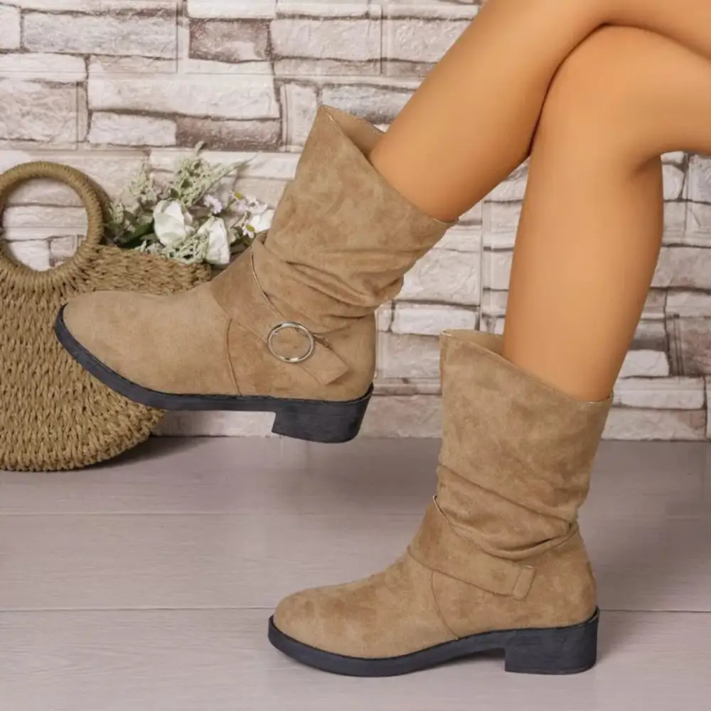 Tiered Round Toe Block Heels Boots