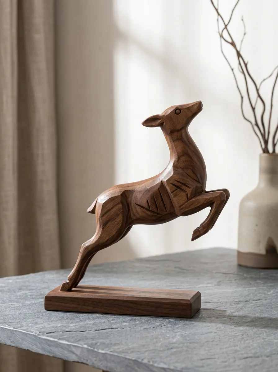 Contemporary Nature Lover Leaping Deer Carved Wooden Ornament