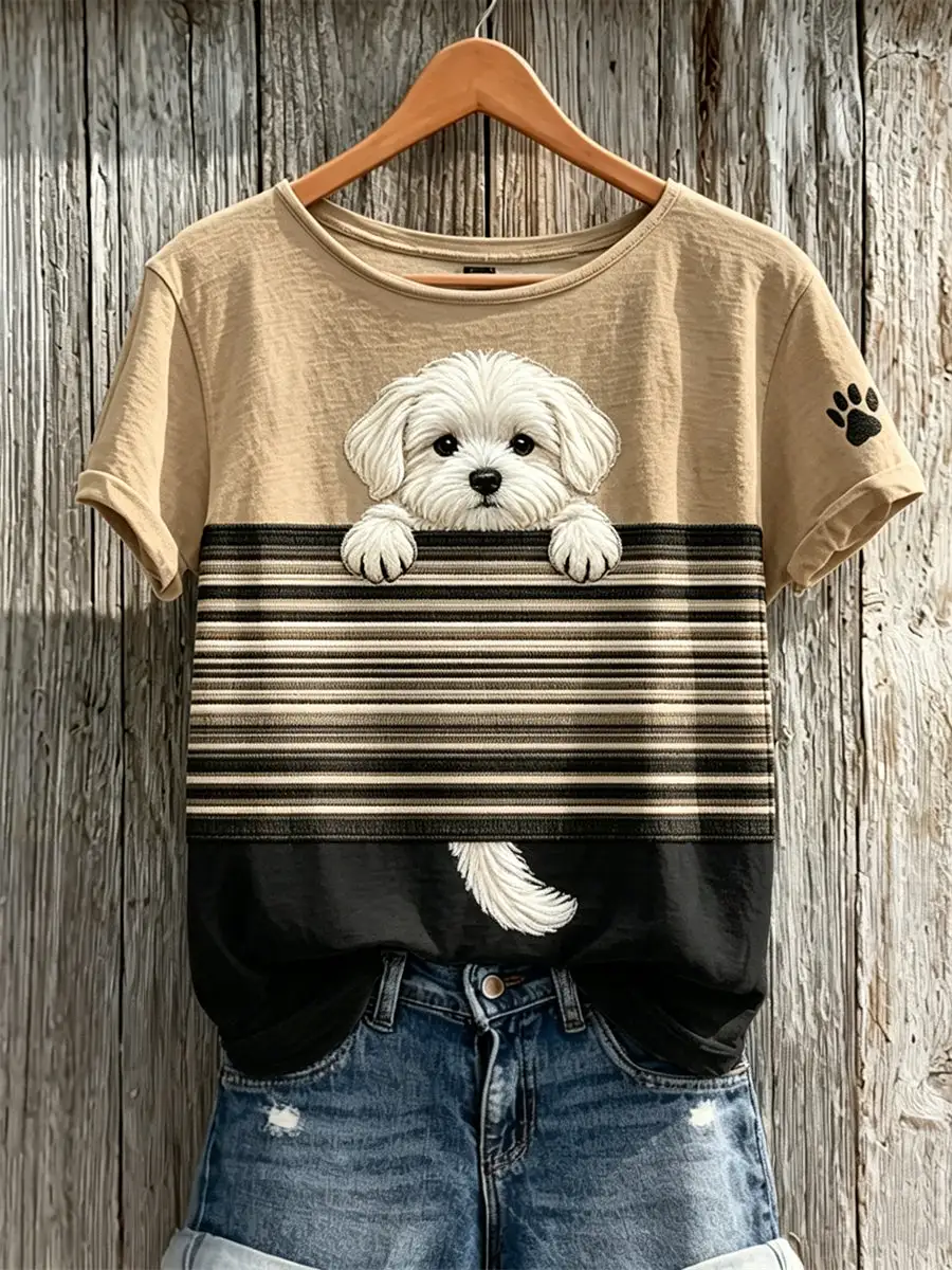 Women's Peeking Maltese Dog Colorblock Print short-sleeved T-shirt
