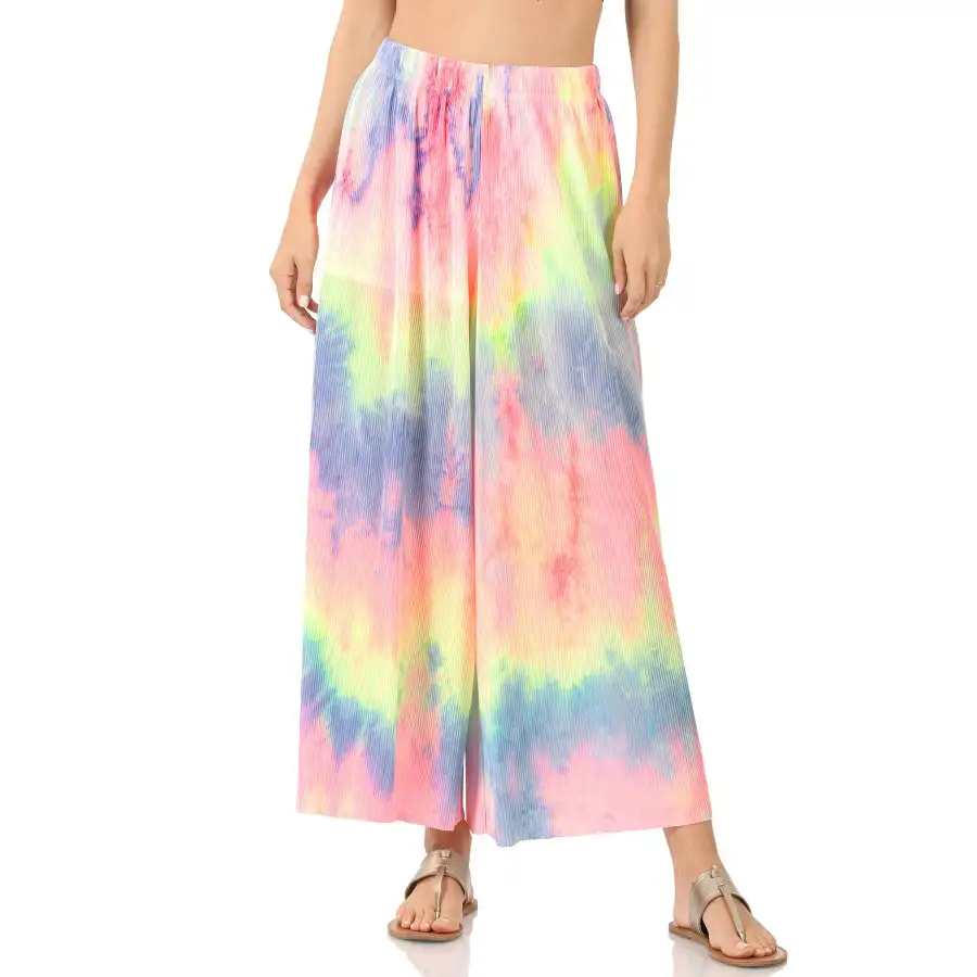 Tie Dye Ribbed Wide Leg Pants with Lining Elastic Waistband