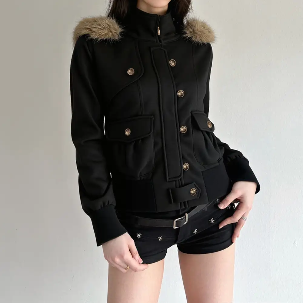 Cropped Faux Fur Hooded Stand Collar Bomber Jacket