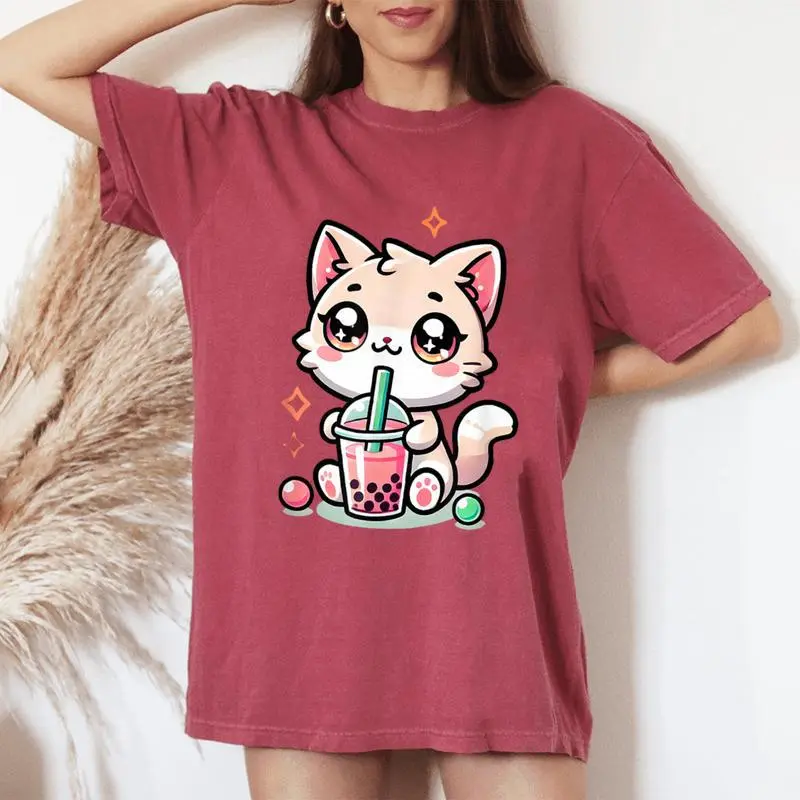 Cute Cat Boba Tea Bubble Tea Anime Kawaii Neko Girls Women's Oversized Comfort T-Shirt