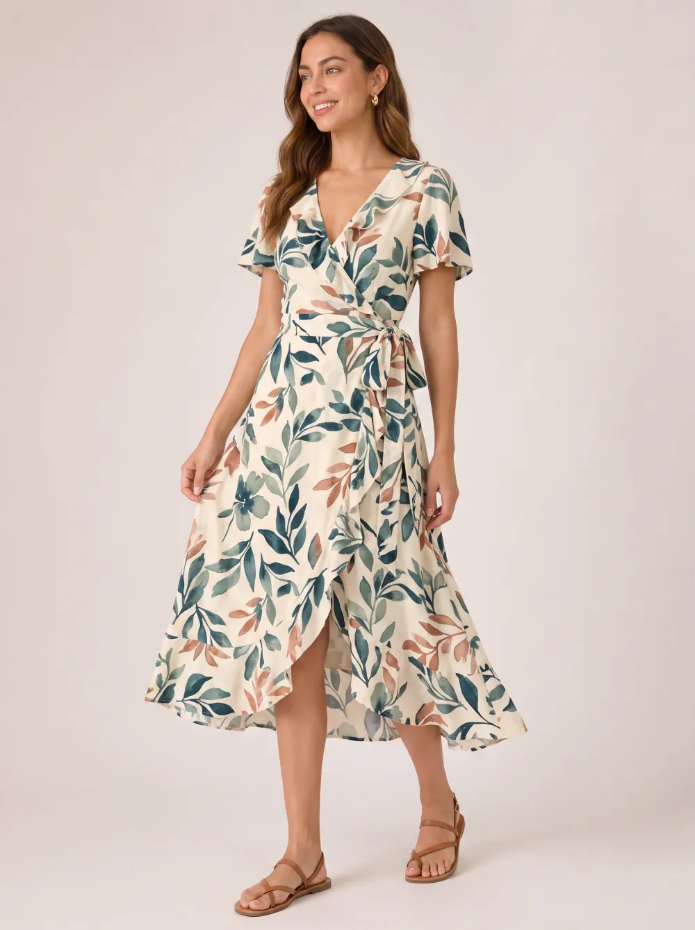 Women's Botanical Leaf Print Ruffle Wrap Printed Dress