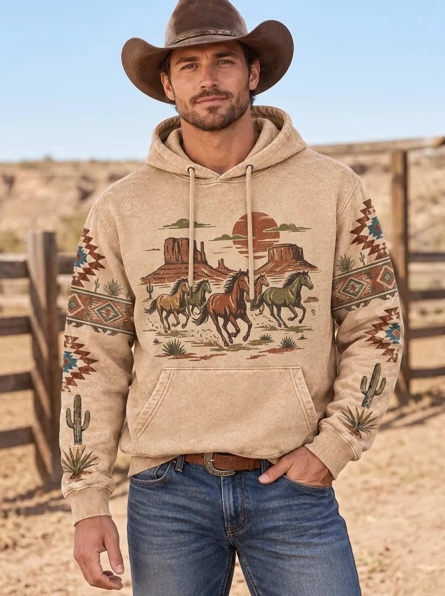 Men's Trail Inspired Western Cowboy Horse Desert Graphic Hoodie